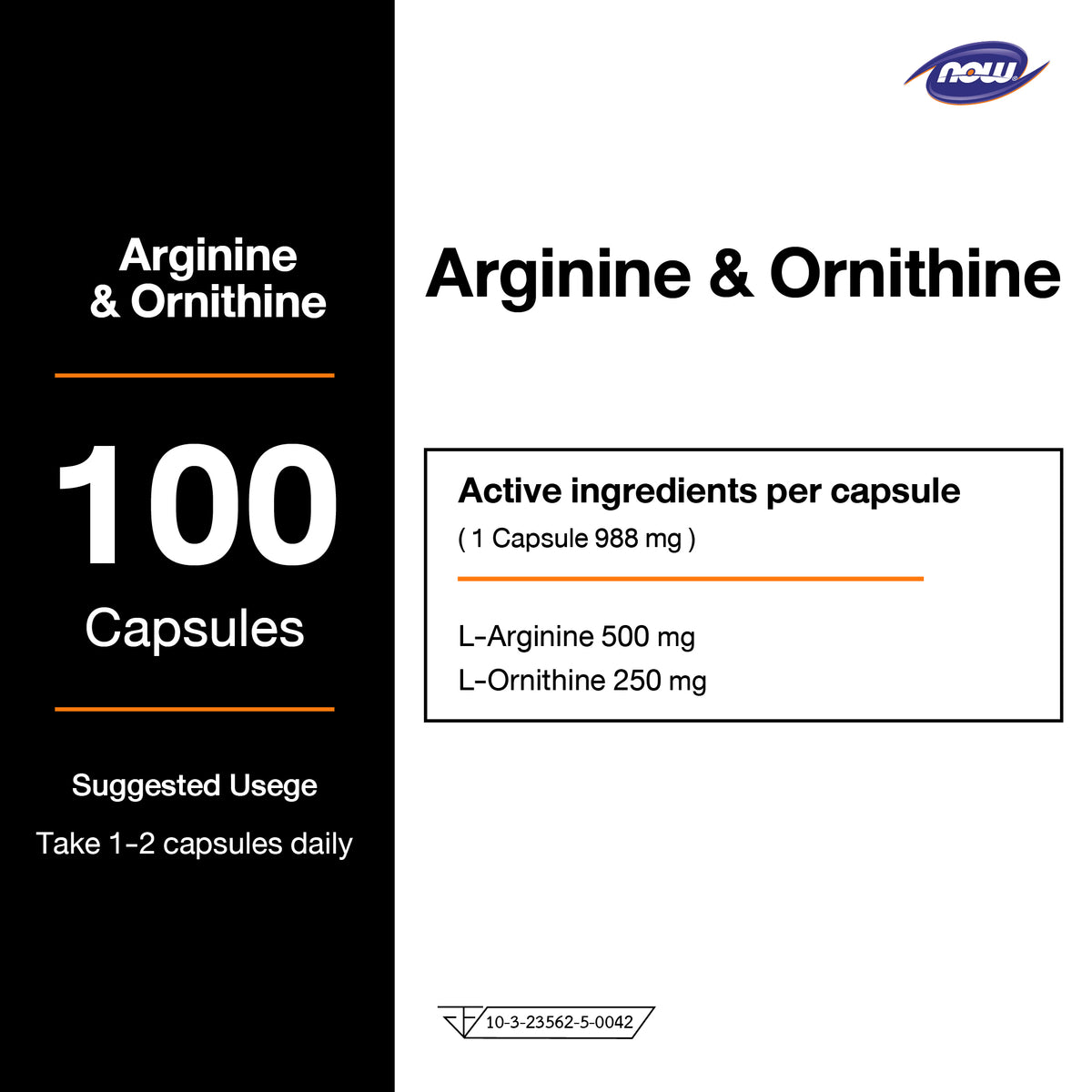 NOW Foods Arginine Ornithine 500mg 250mg 100 Capsules