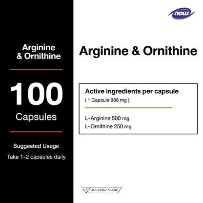 NOW Foods Arginine Ornithine 500mg 250mg 100 Capsules
