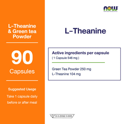 NOW Foods L Theanine 100mg Green Tea Relaxation 90 Veg Capsules