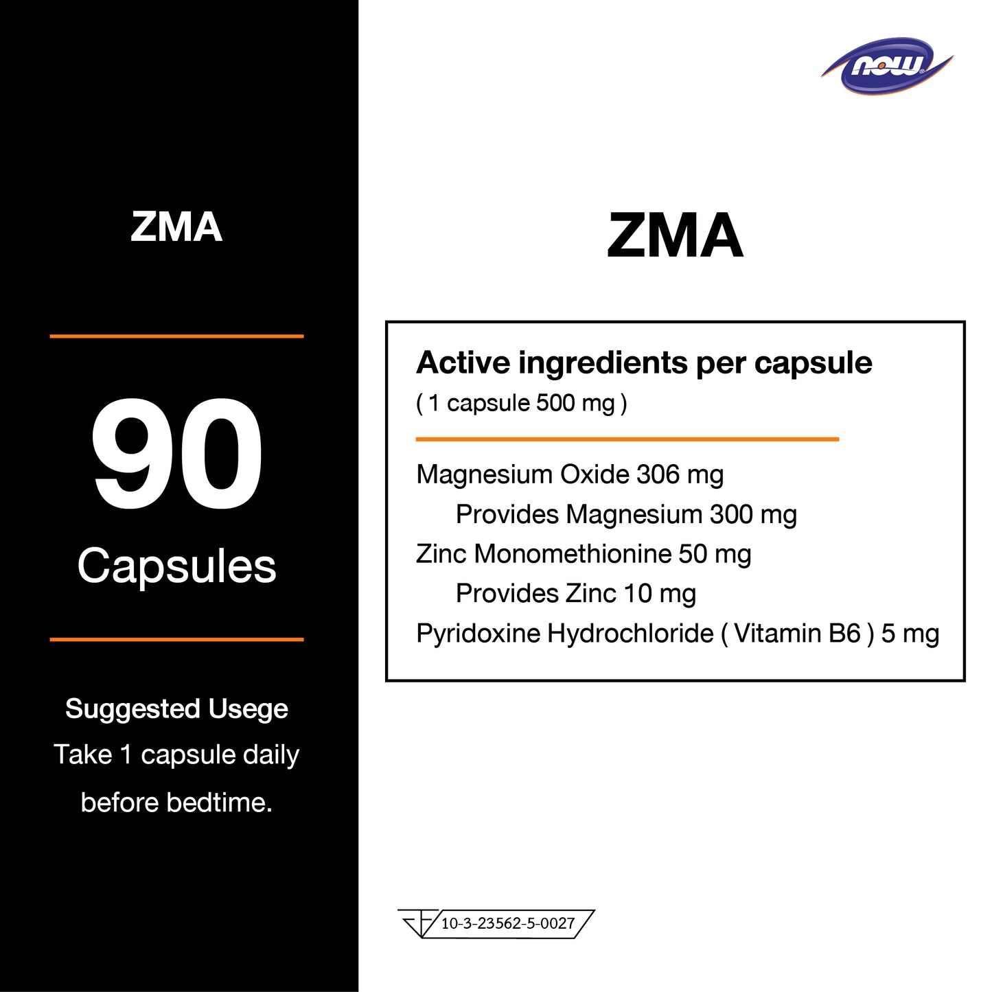 NOW Foods ZMA Zinc Magnesium Vitamin B6 90 Capsules