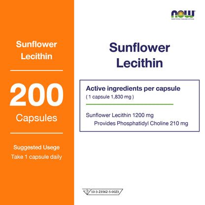 NOW Foods Sunflower Lecithin 1200mg Soy Free 100 Softgels