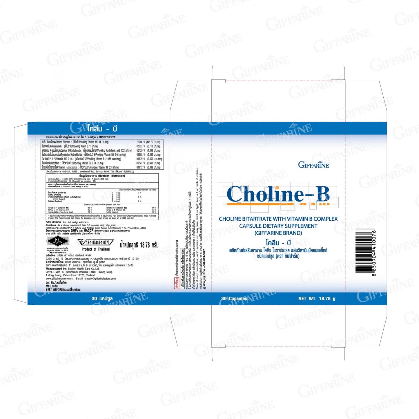 Giffarine Choline B Vitamin B Complex Capsules for Brain and Energy Support 30 Capsules