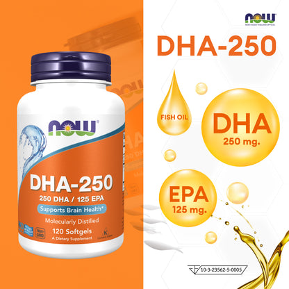 NOW Foods DHA 250 Fish Oil Softgels 500mg for Brain and Eye Health 120 Softgels