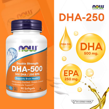NOW Foods DHA 500 Enteric Coated Fish Oil 1000mg 90 Softgels