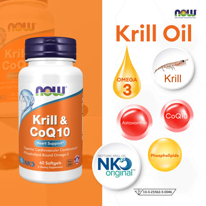 NOW Foods Krill Oil CoQ10 Softgels for Heart and Energy Support 60 Softgels