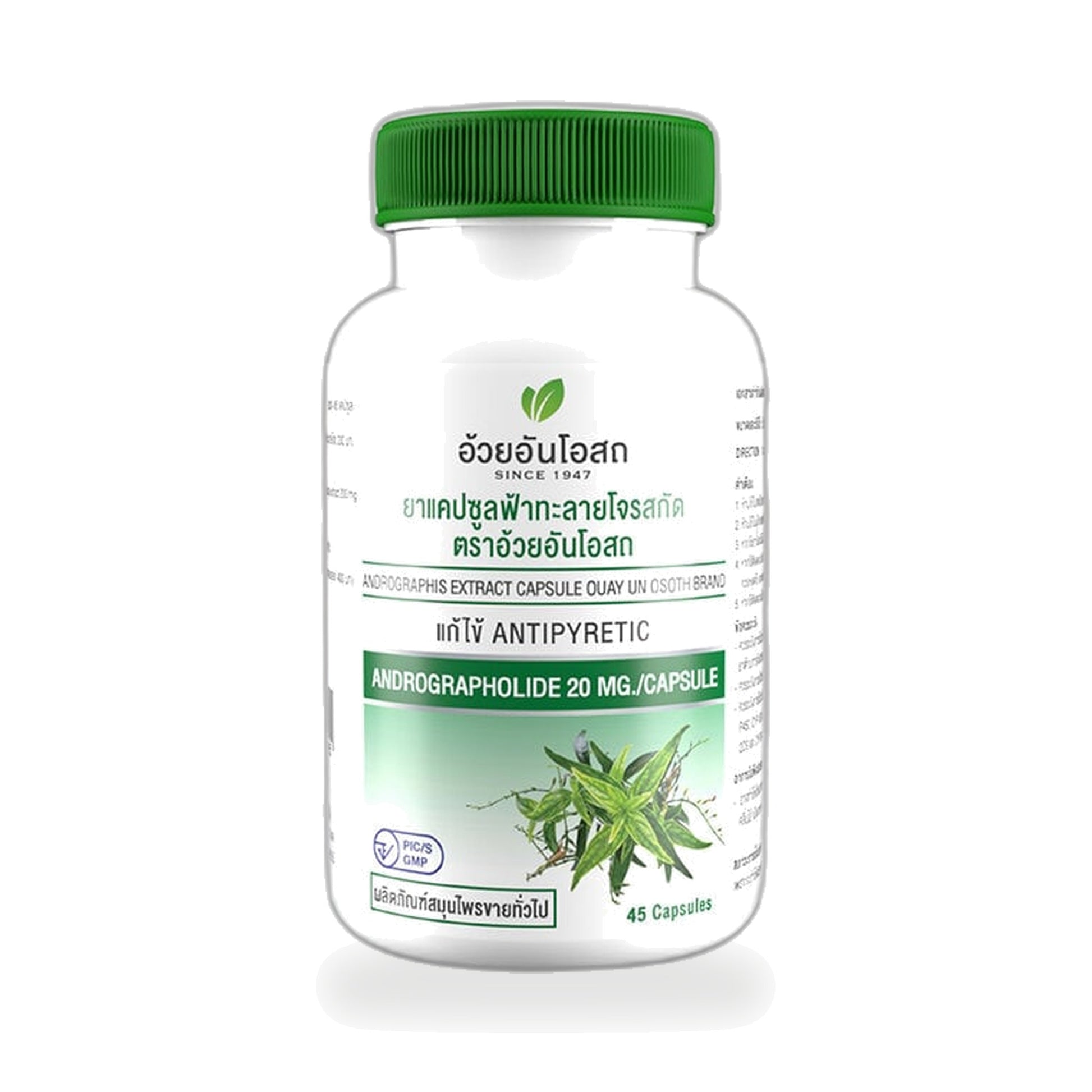 Ouay Un Osoth Andrographis Extract Capsules 200mg with 20mg Andrographolide — Bottle of 45 Capsules